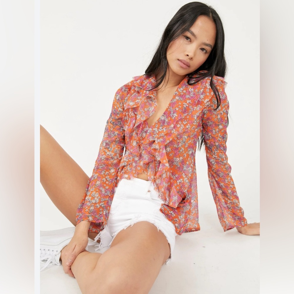 NWT Free People Nina Sheer Ruffle Floral Blouse Long sleeve